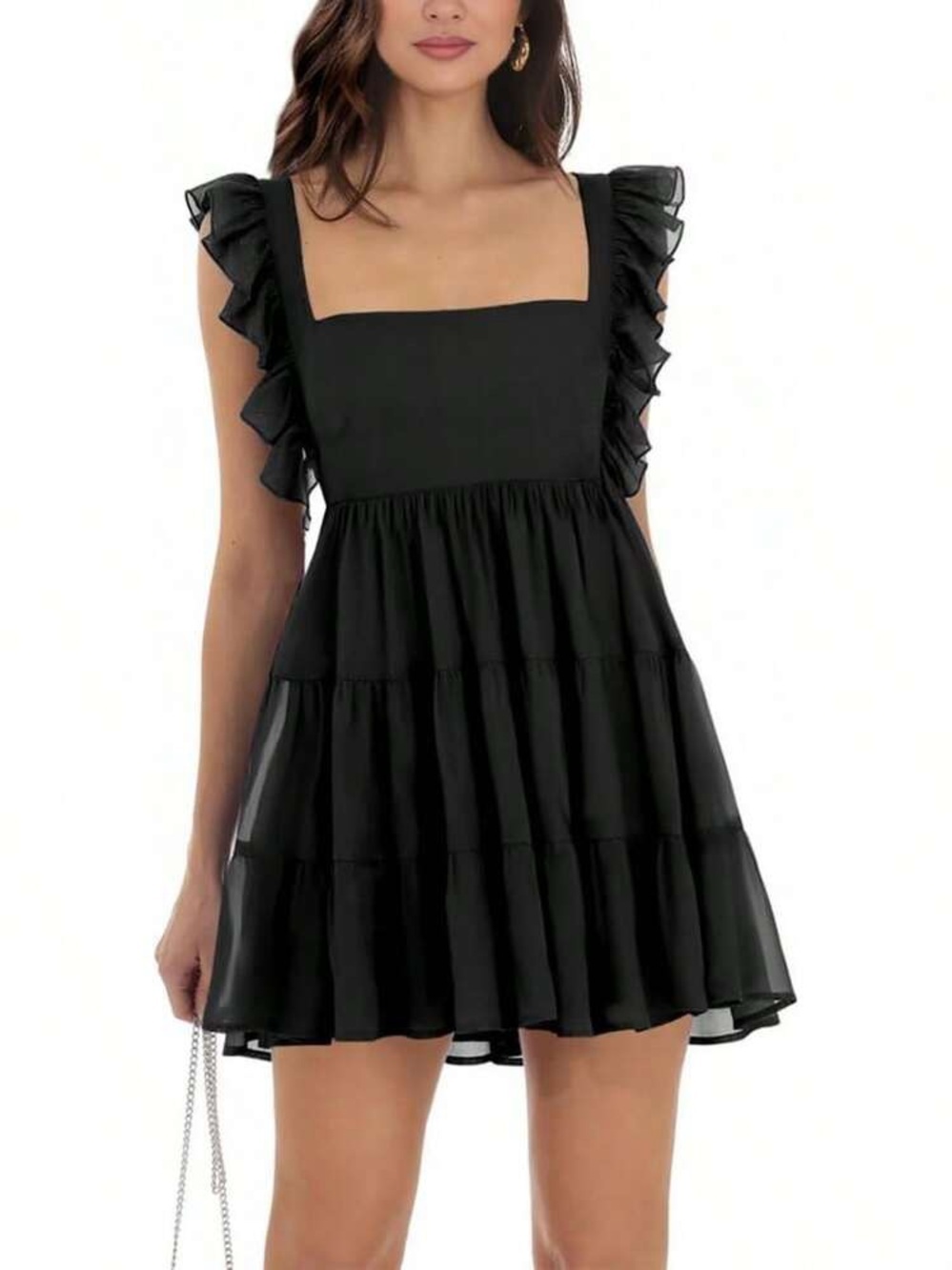 Black Ruffle Sleeve Tiered Mini Dress - Unbranded